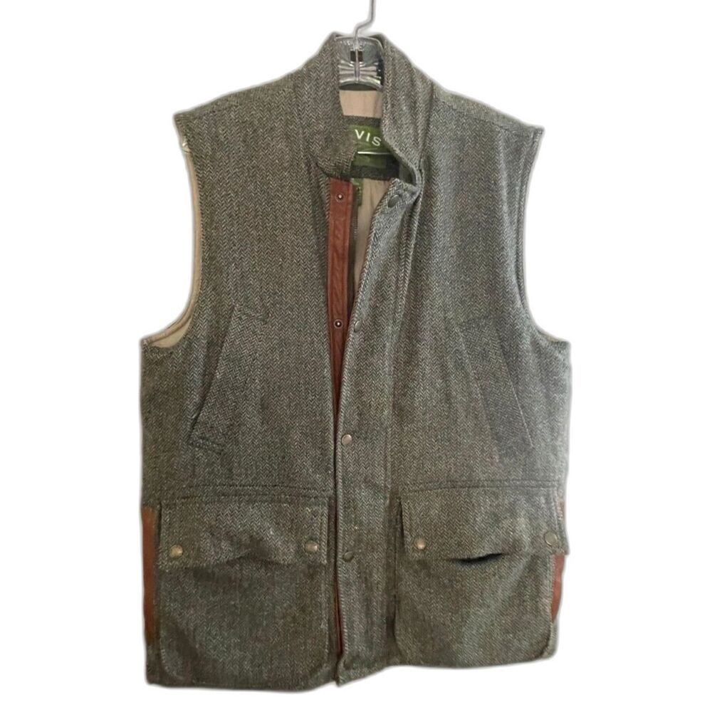 ORVIS Wool/Cotton Herringbone Tweed Brown Vest Button Flap Pockets Western M USA